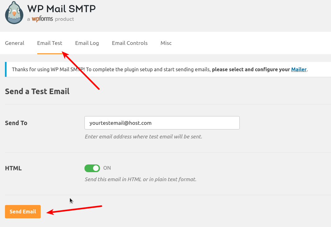 WP Mail SMTP Send Test Email